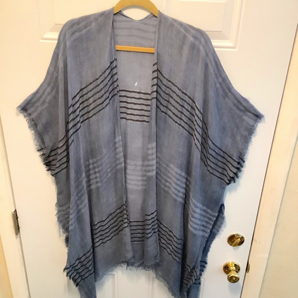 Unbranded| Embroidered Striped Kimono Eyelash Fringe Beach Coverup  Blue OSFM
